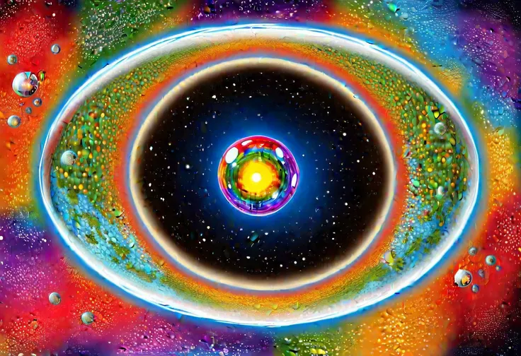 a full view of a world inside a glass bottle with an elaborately inlaid metal and gemstone lid, massive scale, different biomes, rainbow, dense vegetation, absurd res, high res, extremely detailed, space background, in the style of hieronymus bosch, circular canvas, greebles, bubbles, orb, scape, tree