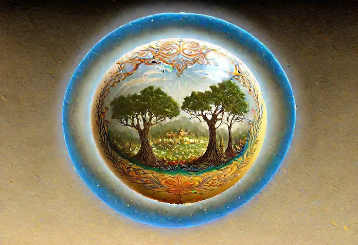 a full view of a 3D planet inside a terrarium with elaborately inlaid metal and gemstone cage covering it, massive scale, different biomes, rainbow, dense vegetation, absurd res, high res, extremely detailed oil painting, award winning, high quality, black velvet background, medieval, circular canvas, bright colours, nasa photography, held in a heavily tattooed hand circular canvas, greebles, bubbles, orb, scape, tree