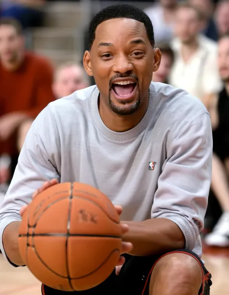 (ohwx man) <lora:WillSmith:1> as an NBA basketball player, slam dunk, basketball court