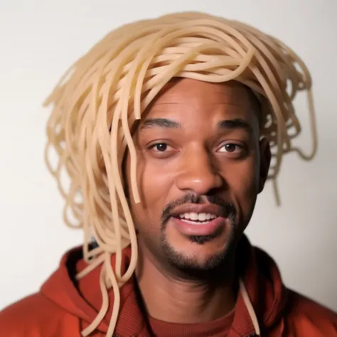 photo of ohwx man <lora:WillSmith:1> with spaghetti on his head