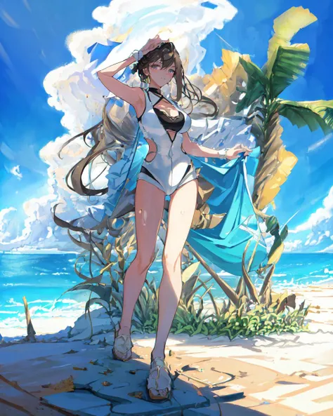 Cool white-haired girl on the coast((Full body pictures)),Perfectly proportioned body,slim,Lively, Cheerful and happy,Ultra-clear