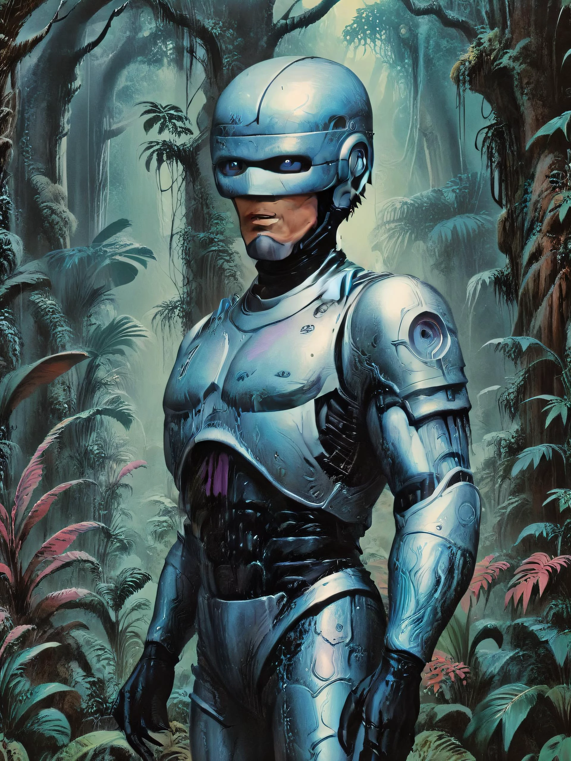 detailed background, character portrait of <lora:hjocprobocop_v10xl:0.9> ocprobocop , garden of eden fantasy location , mystical rainforest background, alien landscape retro colors <lora:Fantastic_Planet_XL01:0.9> , <lora:CaricatureStyle:0.8> , <lora:panchos80satyle:0.8>
