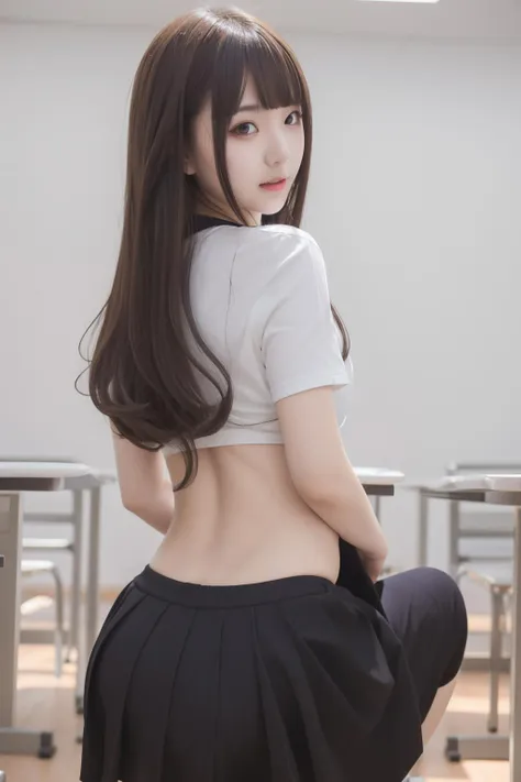 1girl,black skirt,kneeing,from_back,looking_back,(hip_focus),blurred background,<lora:Black_silk_JK:0.7>,