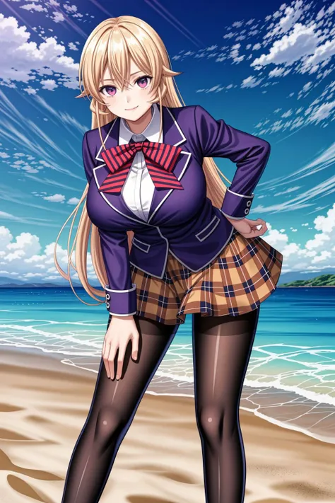 <lora:lcm_lora_sd15:1>,
(masterpiece,best quality,8k,beautiful and aesthetic:1.2),
solid-best-physical-appearance-perfect::2,
cosplay,Smile,
<lora:(bNKH)R`hYHh<.nakiri_erina_v1:0.7>,
aaerina,purple eyes,long hair,blonde hair,hair between eyes,(HUGE BREASTS:1.3),
red bow,striped bow,blazer,blue jacket,long sleeves,plaid skirt,brown skirt,black thighhighs,
pantyhose,standing,leaning_forward,bent_over,hand on hip,
outdoors,day,sky,beach,sand,looking down,from below,
<lora:[R]Xn}0{LORA.add_detail:0.6>,
