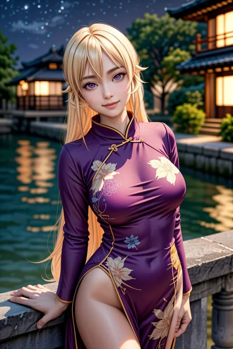 Best quality, masterpiece, super high resolution, original photo, a woman, long blonde flowing hair, cheongsam, busty figure, Japanese onsen, glowing skin, light smile