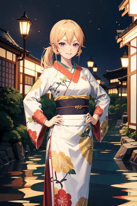 masterpiece, high quality, aaerina, sleek ponytail, Japanese-inspired cheongsam, kimono collar, obi sash, ornate patterns, traditional fastenings, <lora:nakiri_erina_v1:0.73>, radiant smile, poised stance, hand on hip,
outdoor, night view, river,