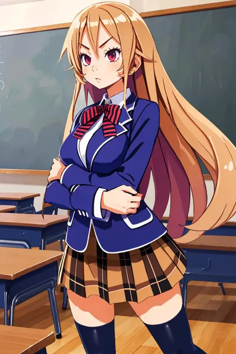 <lora:Harada_Takehito_v2_Repeats5:0.8>,masterpiece, best quality, highres, aaerina, long hair, red bow, striped bow, blazer, blue jacket, long sleeves, plaid skirt, brown skirt, black thighhighs, <lora:nakiri_erina_v1:0.7>, crossed arms, indoors, classroom