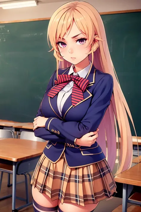 <lora:ricegnat_style:0.8>,masterpiece, best quality, highres, aaerina, long hair, red bow, striped bow, blazer, blue jacket, long sleeves, plaid skirt, brown skirt, black thighhighs, <lora:nakiri_erina_v1:0.7>, crossed arms, indoors, classroom