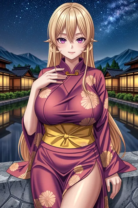 Photo taken at a festival at night,Photograph the whole body,One girl、Marine Kitagawa, Masuzu Kitagawa Popochichi, Blonde Hair, Choker, Ear Piercing, 珰, Long Hair,Wearing piercings, (Red Eyes:1.5), Straight Hair, Swept bangs, Gradient Hair,Beautiful Skin,Big Breasts,Fully exposed breasts,Showing nipples,Show your vagina,Pink nipples,Yukata with a white floral pattern,Are standing