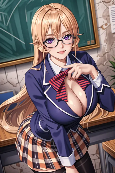 <lora:lcm_lora_sd15:1>,
(masterpiece,best quality,8k,beautiful and aesthetic:1.2),
solid-best-physical-appearance-perfect::2,
cosplay,(HUGE BREASTS:1.3),(floating hair:1.2),PERFECTEYES EYES,narrow_waist,slender,skinny,(dynamic_angle),sexy posture,
<lora:(bNKH)R`hYHh<.nakiri_erina_v1:0.7>,
aaerina,purple eyes,long hair,blonde hair,hair between eyes,
red bow,striped bow,blazer,blue jacket,long sleeves,plaid skirt,brown skirt,black thighhighs,
seductive smile,glasses,cleavage,((teacher bent over towards viewer)),dutch angle,school classroom,
<lora:[R]Xn}0{LORA.add_detail:0.2>,
<lora:[OMQ*S][vw<w[.locon_perfecteyes_v1_from_v1_64_32:0.6>,