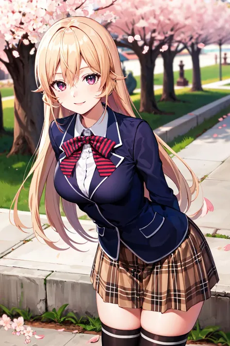 masterpiece, best quality, highres, hs1, light purple eyes, huge butt, wide hips, thick thighs upskirt, long sleeves, cleavage, long blonde hair, pink cardigan, black thighhighs, plaid skirt, red ribbon, garter straps, , outdoors, cowboy shot, standing, smile, panty peek, floral print pink panties, looking at viewer, thick thighs, jirai kei, ear piercings, street view, sakura