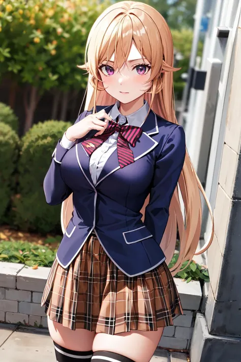 ((Highest quality)),(超High resolution),(Very detailed),(Detailed Description),((The best CG)),(masterpiece),Ultra-detailed art、(Highest quality、8k、32K、masterpiece)、(Realistic)、(Realistic:1.2)、(High resolution)、Very detailed、Very beautiful face and eyes、1 female、Tight waist、Delicate body、(Highest quality、Attention to detail、Rich skin detail)、(Highest quality、8k、Oil paints:1.2)、Very detailed、(Realistic、Realistic:1.37)、Bright colors、
((Big eyes、Sharp jaw、Thin 目brows、Well-proportioned face))
((Straight long hair、The bangs are straight and fall on the forehead、Light brown or platinum blonde hair))、 Light skin tone、Smooth and healthy skin、
""tops:
Navy blue single-breasted blazer with gold buttons(Three-pronged)
White blouse with red ribbon tie bottoms:
Checkered pleated skirt(Navy and red tartan check)
accessories:
Simple stud earrings Slim watches(silver)
shoes:
Black loafer detail:
School emblem on blazer breast pocket, lace edging on blouse collar and cuffs: School corridor、Commuting to school、Or summer nature scenery""