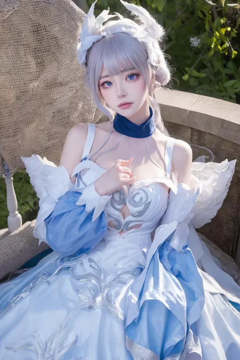 ((top-quality、8K、masterpiece、Photorealistic:1.4、fine-textured、Beautiful and detailed)), (gold foil, Intricately drawn paisley pattern, Delicate workmanship, (White Fabric:1.4), maid dress:1.5), (Long Hair, Beautiful hairstyle, lightbluehair:1.5)、Clear, Fine-grained skin、Beautiful clear eyes、(cleavage of the breast)、Carefree and natural smile、(Hair disheveled in the wind:1.3)、Beautiful girl with a smile、In the garden:1.4、Bright sunlight(thin-waist:1.3)、(Dynamic and provocative poses:1.2)、(Backshots)