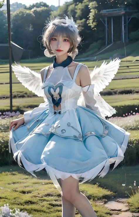 best quality,8k_wallpaper,masterpiece,beautiful detailed girl,beautiful detailed eyes,
1girl,realistic, looking at viewer, solo,
<lora:PureQ-v1:0.8>, <lora:aliga_v3:0.28>,
<lora:xiaoqiaowhite:1>
(double bun:0.5),( silver hair:0.8), (skirt:0.9), (wings:0.8),(large breasts:0.65), depth of field,outdoors,flower field,standing,beautiful leg,arms behind back