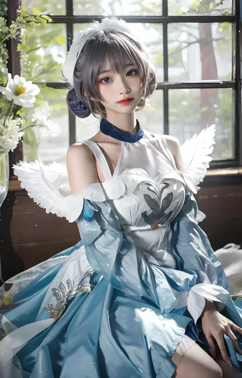 best quality,8k_wallpaper,masterpiece,beautiful detailed girl,beautiful detailed eyes,
1girl,realistic, looking at viewer, solo,
<lora:PureQ-v1:0.7>, <lora:aliga_v3:0.28>,
<lora:xiaoqiaowhite:1><lora:add_detail:0.25>
(double bun:0.5),( silver hair:0.8), (skirt:0.9), (wings:0.8),(large breasts:0.65), depth of field,indoor,flower field,sitting,