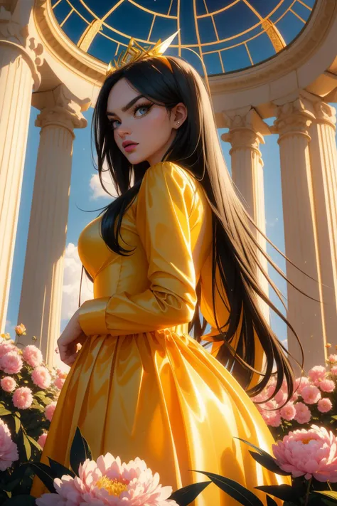 c1rce_n0texist, (art by Gabriel Bá:0.9) and (Hans Thoma:0.7) , professional Cosplay Photograph, dense flowers with Peony, best quality, angle from below of a Divine Bizarre DayGlo yellow ("The Sentry of Justice":1.3) , Bathed in shadows, Panorama, Guilty, behance, Orphism, Black lighting, bokeh, Hasselblad, 50mm, Saturated, multidimensional, Swirling, in the style of Venus of Willendorf, extremely hyper aesthetic, Unsplash
