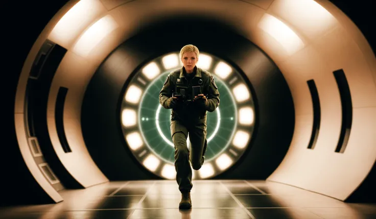 modelshot, photography of a sgsam, portrait, running inside spaceship, scared, scifi, , realistic, movie, cinematic <lora:sgsam_v1:1> fullbody
