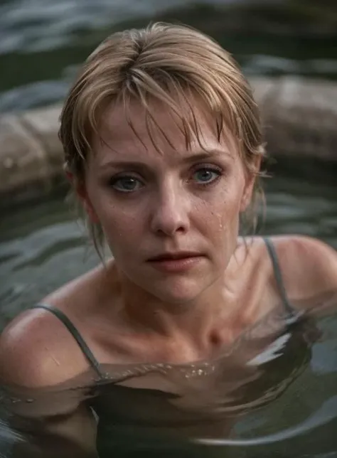 sgsam <lora:samanthaCarter_v10:1>, clean skin,
In this eerie depiction, the sensual petite woman finds herself submerged in a bathtub, with only her face emerging from the water, creating a haunting scene reminiscent of a horror movie. The dim lighting casts moody shadows, adding to the unsettling ambiance. (Best quality: 1.3) Her eyes, wide with a mix of fear and desperation, gaze out from the water's surface, while her lips, slightly parted, reveal a sense of anticipation. (Masterpiece: 1.3) The artwork pays meticulous attention to the details of her face, capturing the droplets of water clinging to her skin, highlighting the contrast between the wetness and her pale complexion. (Detailed: 1.2) The close-up shot focuses on her face, emphasizing the vulnerability and distress etched in her features. (Close-up shot style: 1.3) This portrayal captures the chilling moment as she emerges from the water, surrounded by an unsettling stillness, where danger and unknown horrors may lurk just beyond. (Full body: 1.3)