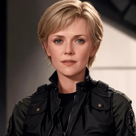 photo of woman sgsam portrait, realistic, movie, cinematic, standing, fit, military, lab, <lora:sgsam_v1:1>, wearing unzipped open black vest