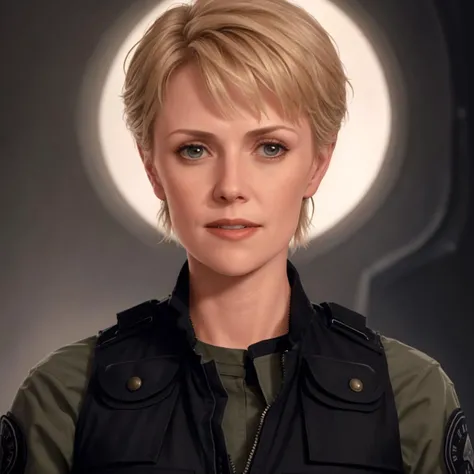photo of woman sgsam portrait, realistic, movie, cinematic, standing, fit, military, lab, <lora:sgsam_v1:1>, wearing unzipped open black vest