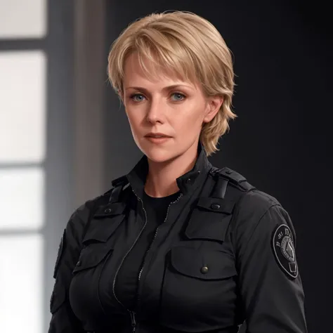 RAW photo of woman sgsam portrait, realistic, movie, cinematic, standing, fit, military, lab,  <lora:sgsam_v1:1>, wearing unzipped open black vest