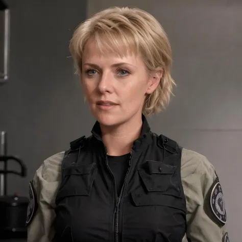 RAW photo of woman sgsam portrait, realistic, , cinematic, standing, fit, military, lab, <lora:sgsam_v1:1>, wearing unzipped open black vest