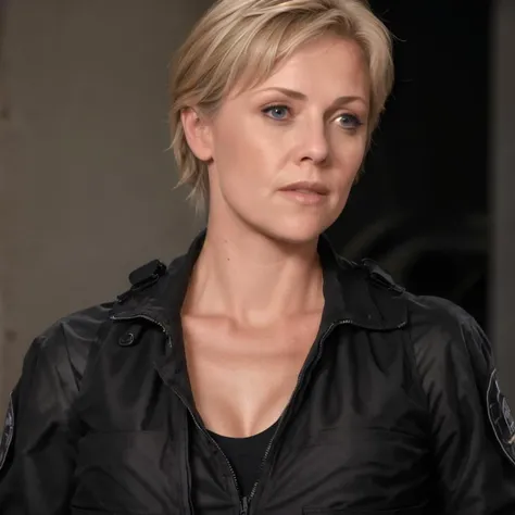RAW photo of woman sgsam portrait, realistic, movie, cinematic, standing, fit, military, lab,  <lora:sgsam_v1:1>, wearing unzipped open black vest