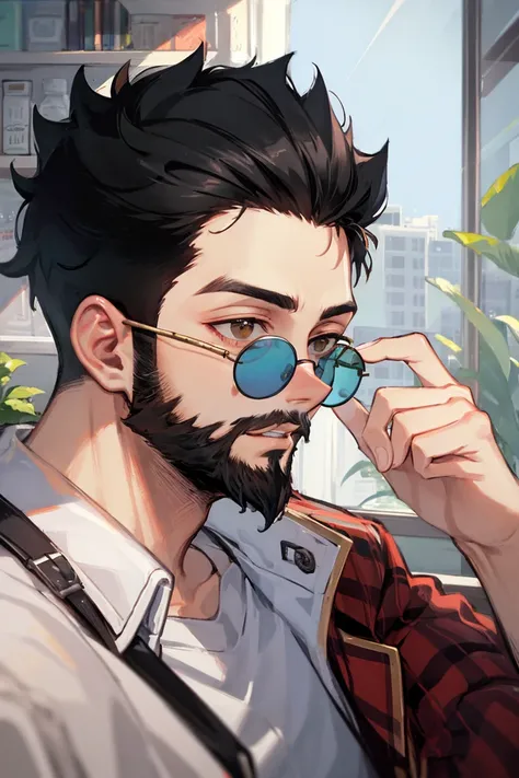 masterpiece,best quality,ultra-detailed, ray tracing,perfect lighting,
1boy,black hair,Inchhead,crew cut,A tuft of beard on the nose, junjie yan,round eyewear, tainted glasses,sunglasses, <lora:junjie-000006:1>