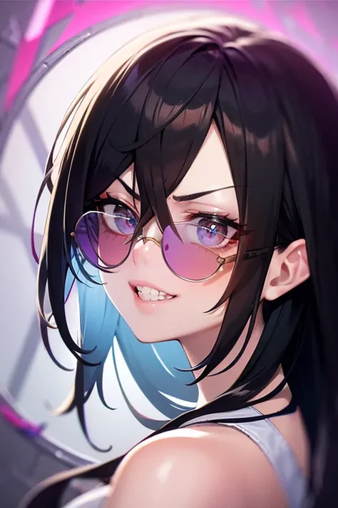 masterpiece,best quality,ultra-detailed, ray tracing,perfect lighting,upper body, 
1 girl,(beautiful detailed eyes), detailed face, hair between eyes, black hair, purple eyes, dark under-eye circles,(expressionless),angry, evil_eyes,grin,multicolored_eyes,
junjie yan,(round eyewear), (tainted glasses),sunglasses, <lora:junjie:1> , 
(shiny skin:1.2)[wet with oil:0.3],reflection,