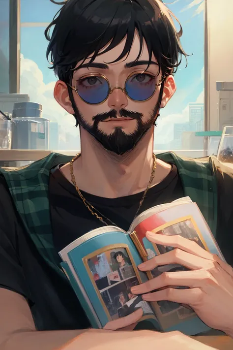 masterpiece,best quality,ultra-detailed, ray tracing,perfect lighting,
1boy,black hair,Inchhead,short hair,A tuft of beard on the nose, junjie yan,round eyewear, tainted glasses,sunglasses, <lora:junjie-000006:1>