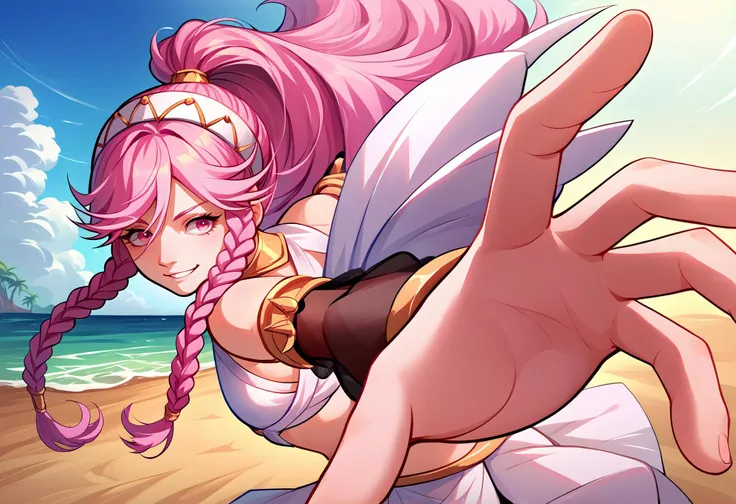 score_9, score_8_up, score_7_up, beautiful, source_anime,  IncrsPunchMeme, incoming punch, <lora:PepePunchMeme_XLPD:1>, 1girl, oliviadef,  twin braids, ponytail, white  hairband, dancer, detached sleeves, 
 jewelry, bare shoulders, midriff, <lora:fireemblem_oliviadef_ponyXL:.95>, pink hair, grin, pink eyes,