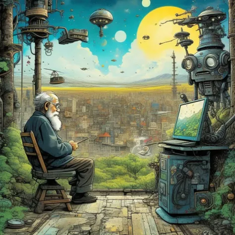 drawix9 an old man is painting a picture and a robot is watching him, ink, cinematic, expressive, very detailed<lora:drawix9:1>