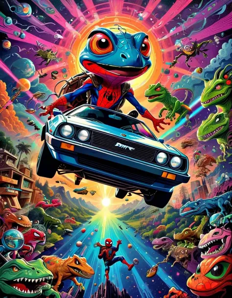 <lora:drawix9:1>, drawix9, 80's psychedelic cartoon of exotic psychonauts encounters of delorean + spiderman + dinosaurs + other worldly presence of multidimensional hyperspace on a higher spectrum of the electro magnetic spectrum assigned to this earth through the uses of DMT-LSD mishmash