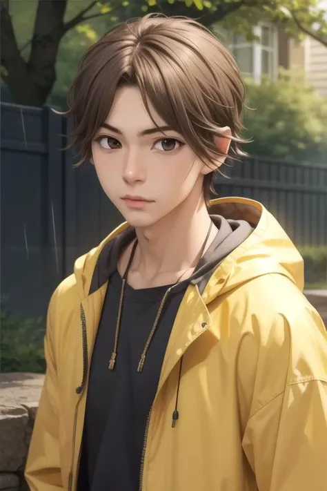 masterpiece, best quality, , 1boy, solo, male focus, looking at viewer, upper body, depth of field, , , <lora:hayato_shinomiya:0.70>, hayato_shinomiya, brown hair, brown eyes, raincoat, , fantasy, 32k resolution