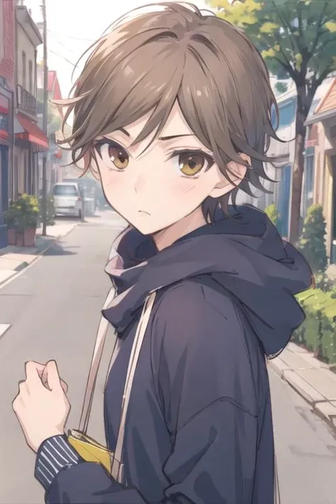 masterpiece, best quality, sketch, 1boy, solo, male focus, looking at viewer, , depth of field, anime coloring, realistic, <lora:hayato_shinomiya:0.66>, hayato_shinomiya, brown hair, brown eyes, , town, 16k resolution