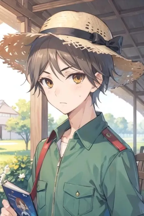 masterpiece, best quality, game cg, 1boy, solo, male focus, looking at viewer, upper body, depth of field, anime coloring, , <lora:hayato_shinomiya:0.66>, hayato_shinomiya, brown hair, brown eyes, , straw hat, world war 1, HD-DVD
