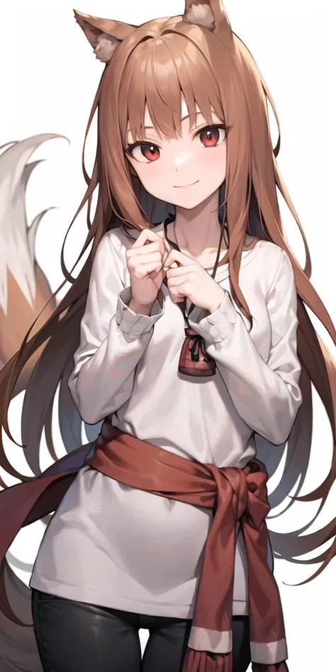 1girl, animal ears, belt, brown hair, closed mouth, cowboy shot, hime cut, holding, jewelry, long hair, long sleeves, looking at viewer, multiple belts, necklace, pants, red eyes, shirt, simple background, smile, solo, standing, tail, thigh gap, upper body, white background, white shirt, wolf ears, wolf tail, wolf girl, pouch,<lora:holo_locon_v1a:0.8>