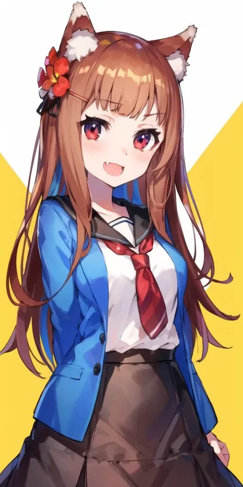 1girl, animal ears, brown hair, fang, red eyes, school uniform, serafuku, solo, wolf ears,long hair, wolf girl, skirt, alternate costume,flower, hair flower, hairclip, x,colorful, multicolored background, arms behind back, upper body, <lora:mika_locon_v3l:0.8>, <lora:holo_locon_v1a:0.6>