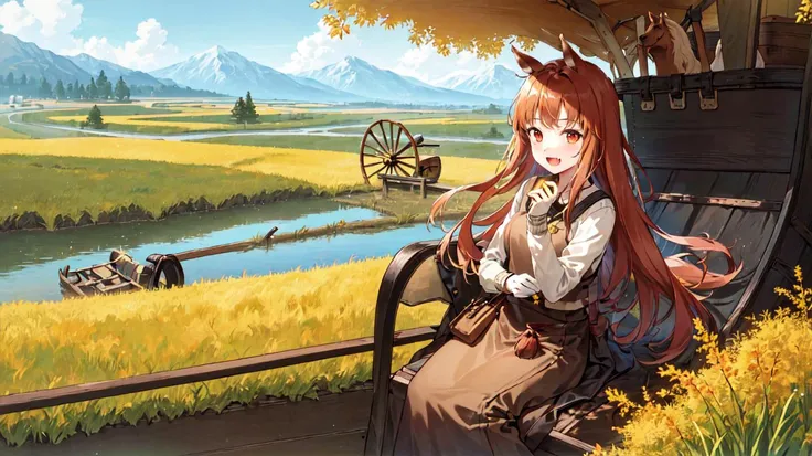 ((masterpiece)), (best quality:1.2),(very fine 8K CG wallpaper1.2),colorful,(ultra-detailed:1.2),(illustration:1.2)
1girl, animal ears, brown hair, fang, long hair, pouch, red eyes, smile, solo, wolf ears, open mouth, wolf girl,, <lora:holoSpiceAndWolf_v10a:0.7>, 

full body,out door, ((yellow Paddy field)),((Horse)),(Horsekeeper),((Horse-drawn carriage)),(yellowStraw Roll),grass,Autumn, fall, ((yellow straw))
 mountains, nature,  cheerful, happy, gloves, sweater, hat, forest, river, wood, smoke, shadows, contrast, clear sky, constellations, Milky Way, peaceful, serene, quiet, tranquil, remote, secluded, adventurous, exploration, escape, independence, survival, resourcefulness, challenge,,