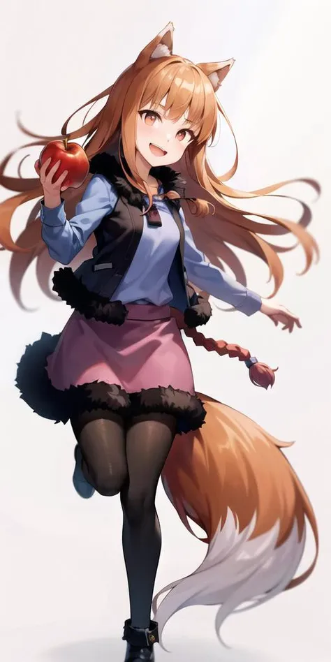 1girl, :d, animal ears, apple, black footwear, blue shirt, blunt bangs, brown eyes, brown hair, floating hair, food, fruit, full body, fur trim, holding, holding food, holding fruit, leg up, long hair, long skirt, long sleeves, open mouth, pouch, purple skirt, shirt, skirt, smile, solo, standing, standing on one leg, tail, very long hair, wolf ears, wolf tail, wolf girl, white background, red eyes, simple background, looking at viewer, vest,<lora:holo_locon_v1a:0.8>