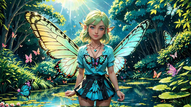 (fairy), (elf), close-up face portrait, happy smile, ((ultradetailed)), (butterfly_wings) (fairy wings), (sharp focus), hdr, elven fairyland, big rock, (strong wing, (water ripples) reflections, cascade river (pond), forest jungle, ((village)), nature aquatic environment landscape, (swan), butterfly, (butterflies flying:1.4), (bright sunny sky), high contrast,lights, backlight, (shadows), ((miniskirt)), lens flare, butterfly necklace, vibrant colors, colorful, [flowers] and leaves, (pretty), (beautiful), loving, in love, adorable,  <lora:Detail Tweaker LoRA add_detail:0.8 <lora:depth_of_field_slider_v1:5>  <lora:SDXLrender_v2.0:0.9> <lora:EnvyFairy01-weird-anylora-45:0.3> <lora:EnvyFairy01-queen-anylora-45:0.3> <lora:Elf:0.28> <lora:Flower_fairy:0.2>