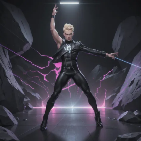 Professional hyper-realistic photograph of a beautiful, very masculine Danish man embodies the Neo Punk style, 22yo, blonde, muscular, under spectacular neon and laser lighting, in front of a very black and dark background, a full body posture captured from afar, (((the man dance to the beat of rock))), employing a false color photography approach, 8K clarity, ultra-realism and cinematic appeal. Camera settings to capture such a vibrant and detailed image would likely include: Canon EOS 5D Mark IV, Lens: 85mm f/1.8, f/4.0, ISO 100, 1/500 sec, Extremely Realistic