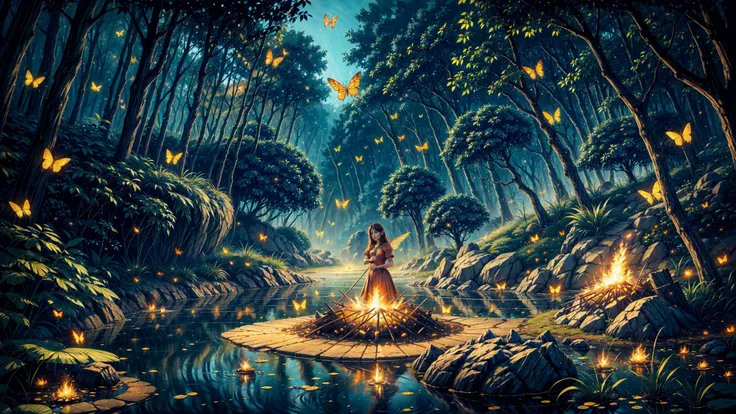 (bonfire:1.5), (butterflies, fireflies:1.2), (beautiful fantasy landscape), ((very detailed)), sharp focus, big rock, water (ripples) reflections, magic castle, river, elven fairies forest, ((elven fairies village)), stunning nature (aquatic:0.6) environment , enchanted land,(elf), (bright sunny sky), (high contrast), cinematic (lights), backlight, (shadows), lens flare, vibrant colors, colorful, [red flowers] and leaves, (pretty), (beautiful), loving,), <lora:Detail Tweaker LoRA add_detail:1><lora:depth_of_field_slider_v1:5>  <lora:SDXLrender_v2.0:0.3> fairy  <lora:magician_beta_1:0.3> fairy winged <lora:Fireworks squat with handheld fireworks - v1.0:0.4>