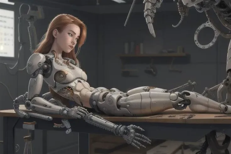 cyborg girl lies on a surgical table and undergoes maintenance of her mechanical body, biomechanical, broken-off legs, torso broken, realistic, being repared, assembling parts, missing legs,