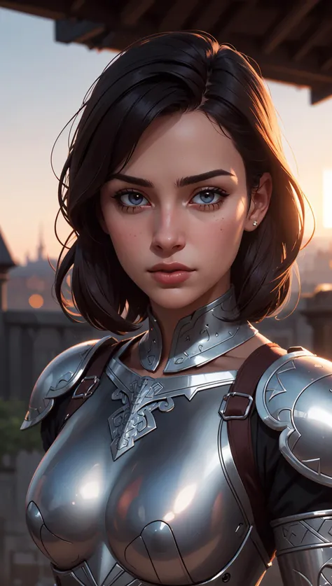 (masterpiece),(extremely intricate:1.3),(realistic),portrait of a girl,the most beautiful in the world,(medieval armor),metal reflections,upper body,outdoors,intense sunlight,far away castle,professional photograph of a stunning woman detailed,sharp focus,dramatic,award winning,cinematic lighting,volumetrics dtx,(film grain, blurry background, blurry foreground, bokeh, depth of field, sunset,interaction, Perfectchainmail,