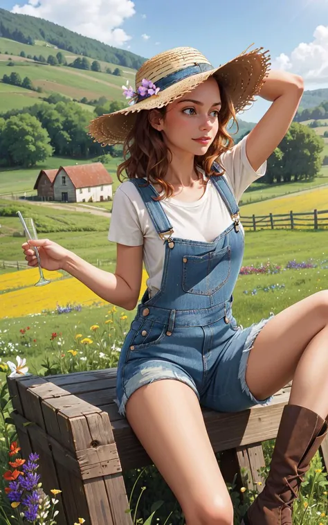 (perfect boudoir lighting:1.2),(dynamic photoshoot sexy pose,cute face,hourglass figure:1.2),(December Issue:1.2), (quaint countryside setting, summer day), young adult woman, rustic casual summer fashion, (sitting on a wooden fence), thoughtful and serene pose, shoulder-length curly hair, light, sun-kissed makeup, (denim overalls over a simple white tshirt), comfortable boots, (holding a straw hat), (background: rolling hills, a distant barn, wildflowers), soft sunlight, (sense of relaxation and connection with the rural landscape)