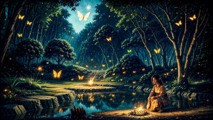 (bonfire:1.5), (butterflies, fireflies:1.2), (beautiful fantasy landscape), ((very detailed)), sharp focus, (big rock), full bright moonlight,  water (ripples) reflections, magic castle, river, elven fairies forest, ((elven fairies village)), stunning nature (aquatic:0.6) environment , enchanted land,(elf), (bright sunny sky), (high contrast), cinematic (lights), backlight, (shadows), lens flare, vibrant colors, colorful, [red flowers] and leaves, (pretty), (beautiful), loving,), <lora:Detail Tweaker LoRA add_detail:1><lora:depth_of_field_slider_v1:5>  <lora:SDXLrender_v2.0:0.3> fairy  <lora:magician_beta_1:0.3> winged fairy  <lora:Fireworks squat with handheld fireworks - v1.0:0.5> yukata,  sparkler, squatting