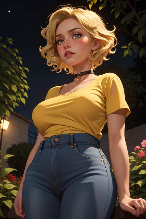 (masterpiece, best quality:1.2), 1girl, short curly blonde hair, large breasts, choker, jeans, yellow shirt, garden, blush, from below, night, lights
