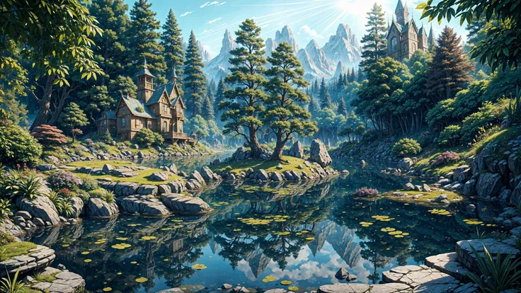(beautiful fantasy landscape), ((very detailed)), sharp focus, big rock, (water ripples) reflections, magic castle,  river (pond), elven fairies forest, ((elven fairies village)), stunning nature aquatic environment , enchanted land,  (elf):1.3, (bright sunny sky), (high contrast), cinematic (lights), backlight, (shadows), lens flare, vibrant colors, colorful, [red flowers] and leaves, (pretty), (beautiful), loving,), <lora:Detail Tweaker LoRA add_detail:1><lora:depth_of_field_slider_v1:5>  <lora:SDXLrender_v2.0:1>