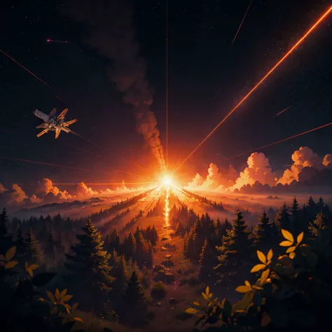 realistic photo of spacecraft flying over relict forest, crash, explosion, laser beams, vector trace, relict forest, evening, light particles, atmospheric haze, film grain, from below, depth of field, bokeh 